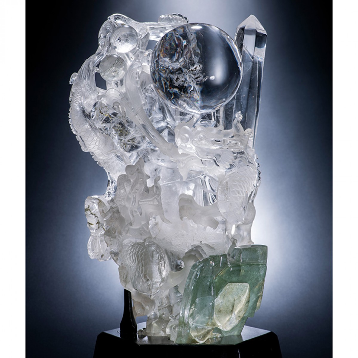天然水晶細密彫刻『夫婦輝龍』ライトアップ台座付 | 東京書芸館公式