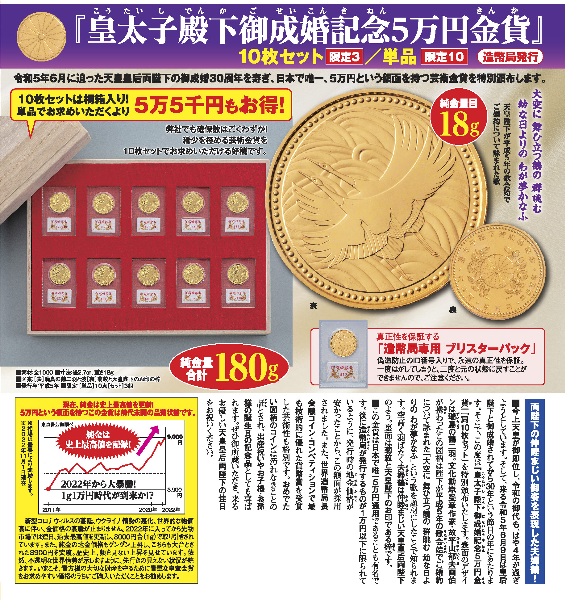皇太子殿下御成婚記念5万円金貨 10枚セット | 東京書芸館公式通販 
