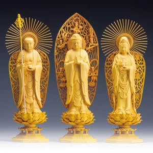 余建暁　黄楊細密彫り『娑婆三聖立像』