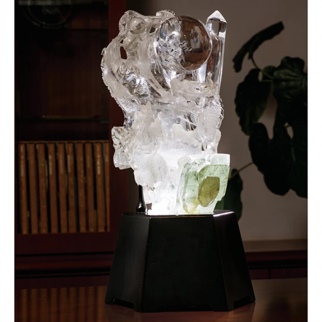 天然水晶細密彫刻『夫婦輝龍』ライトアップ台座付