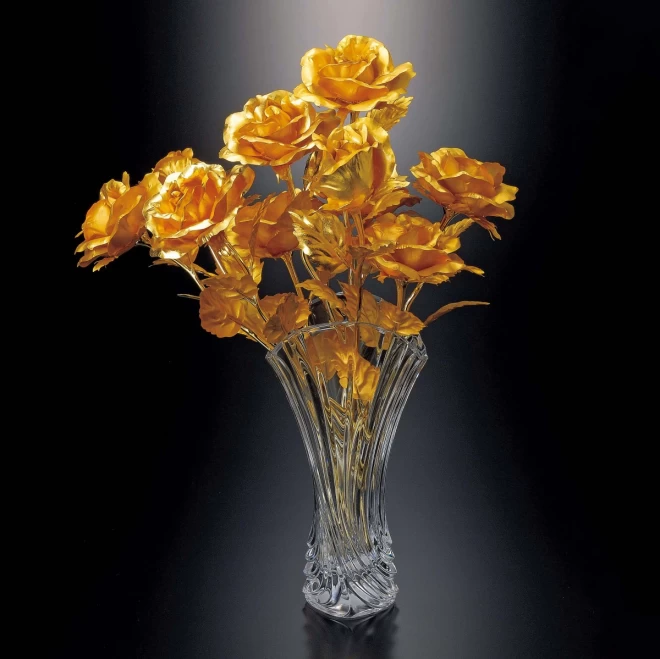 純金箔貼り『永遠の黄金のバラ』10本組 ガラス花瓶 付