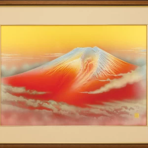 晴山作　高肉彫金額『黎明赤富士』