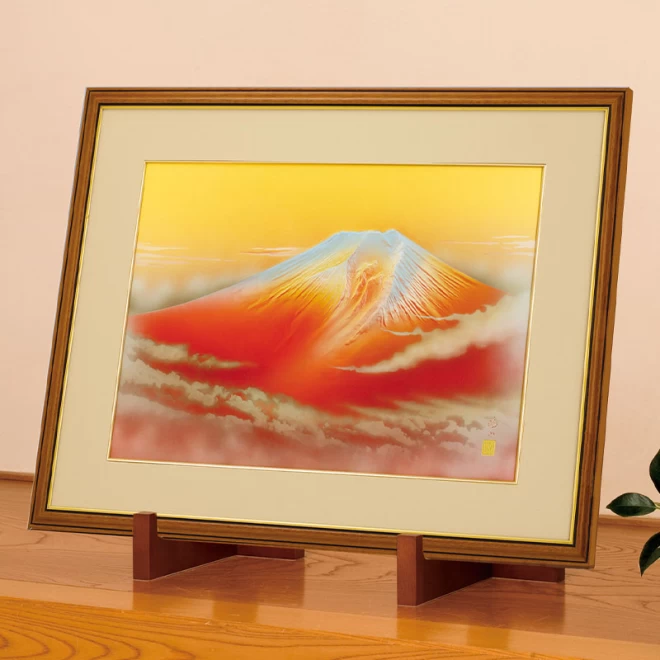 晴山作　高肉彫金額『黎明赤富士』