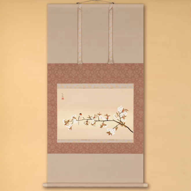 土田麦僊 手彫り手摺り木版画『桜花小禽』 軸装