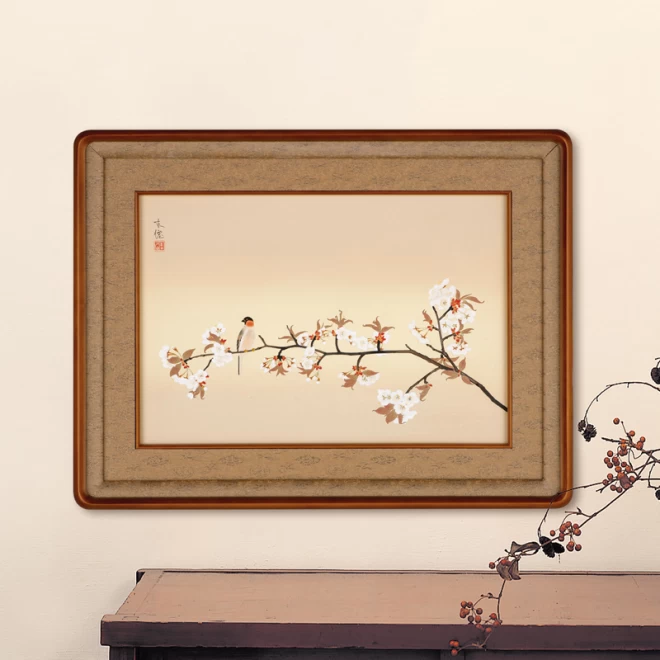 土田麦僊 手彫り手摺り木版画『桜花小禽』 額装