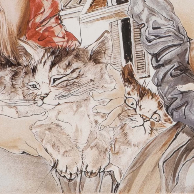 猫と二人の少女 レオナール・フジタ シルクスクリーン版画 215/300-