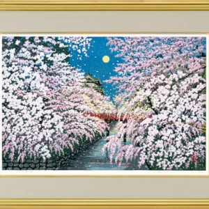 井堂雅夫　木版画『弘前城の桜』