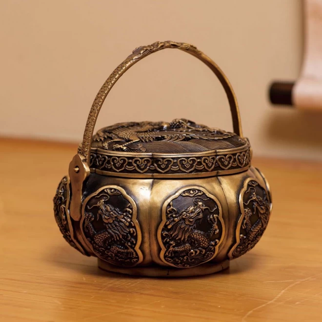 山水墨壺 銅製 中国 美術品 置物r r 中-