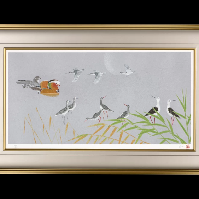 上村淳之作　雪椿　日本画　シルクスクリーン鳥の絵