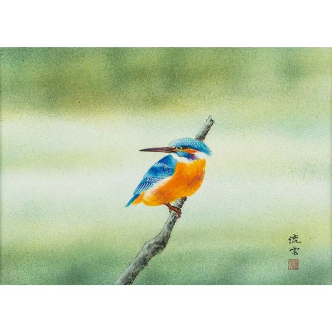 奥田流雲　肉筆『翡翠』憩【額装】