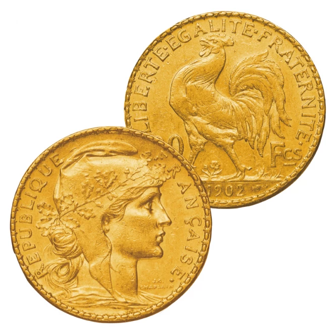 金貨　フランス　1909年　20フラン　6.4g 未使用　マリアンヌ