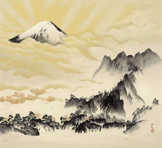横山大観『蓬莱山』木版画(軸)