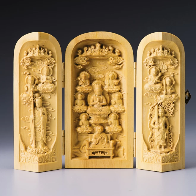 黄楊を使用した枕本尊『十三仏 仏龕』金襴袋つき | 東京書芸館公式
