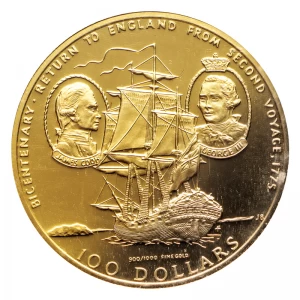 イギリス領クック諸島 1975年『キャプテン・クック第二次航海200周年記念100ドルプルーフ金貨』
