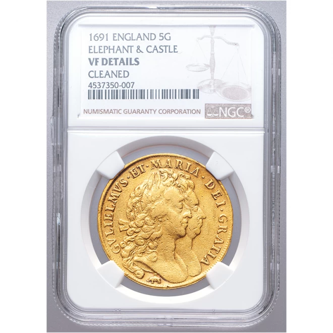 イギリス 1691年VFDC『ウィリアム&メアリー5ギニー金貨』