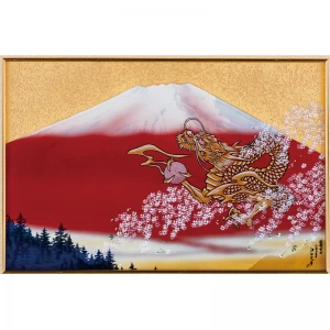 陶板額　金彩『赤富士桜龍図』