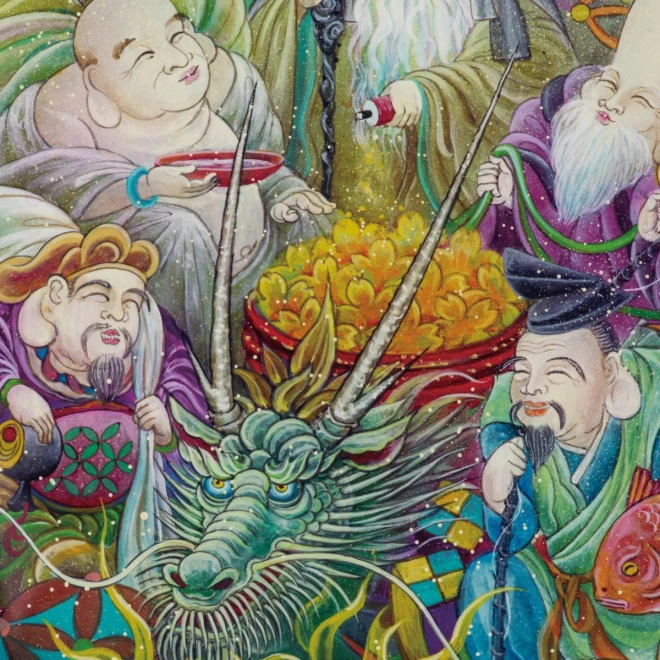 丸山寿美　ジグレー版画『七福神～遊楽～龍神の導き』